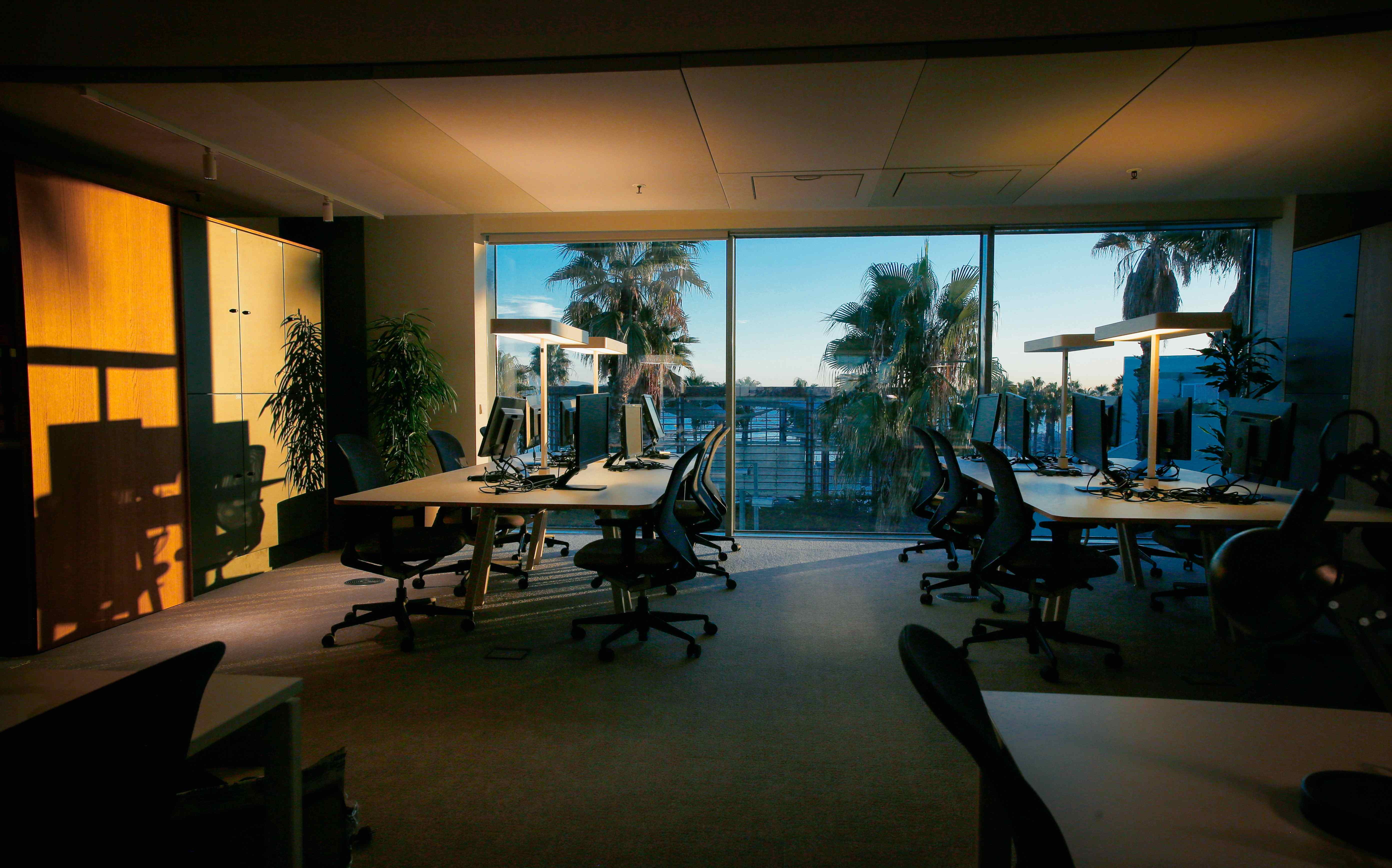Workshop floor at Norrsken House Barcelona - modern desks lit by warm task lamps with palm trees visible through floor-to-ceiling windows at golden hour.